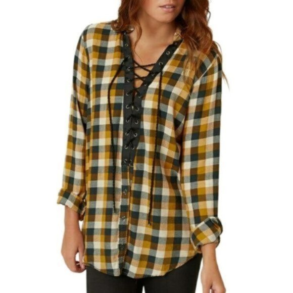 gimmicks by BKE Tops - BKE Marigold Mustard Yellow Plaid Top